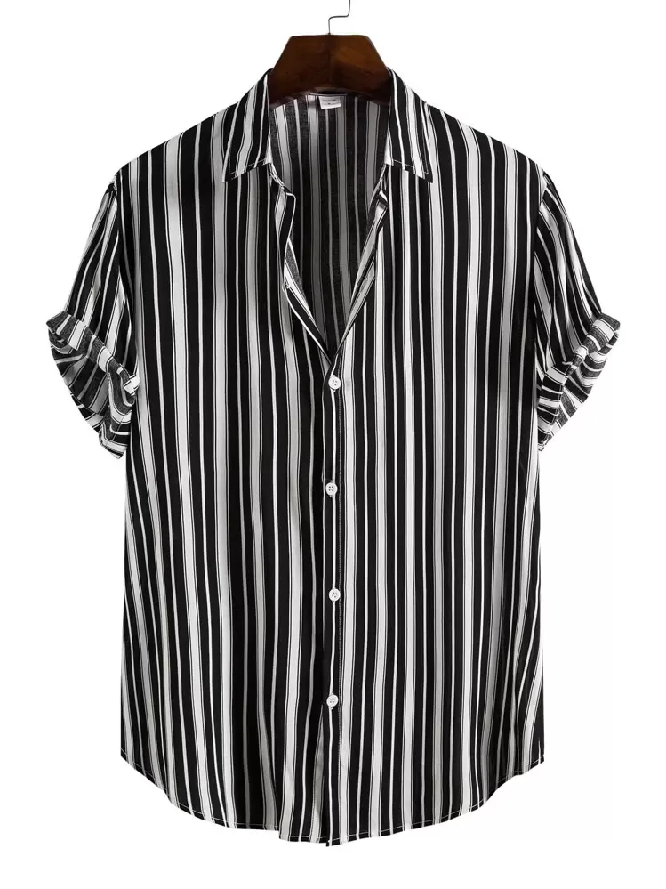 Manfinity Homme כפתורים קדמיים מנומר תלמיד מכינה חולצה לגבר - שחור ולבן - ראה 1