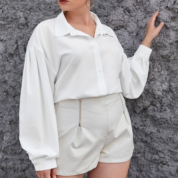 

Plus Solid Bishop Sleeve Blouse, White