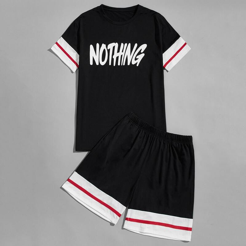 

Guys Contrast Panel Letter Graphic Tee & Shorts, Black