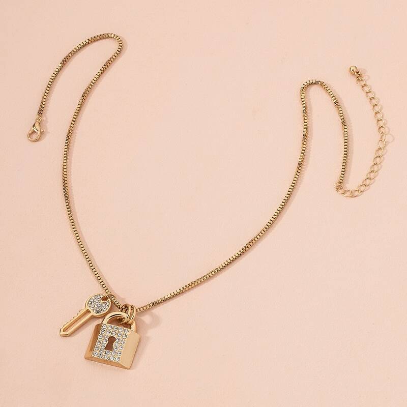 

Rhinestone Lock Key Charm Necklace, Gold
