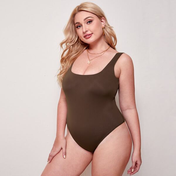 

Plus Solid Tank Skinny Bodysuit, Coffee brown