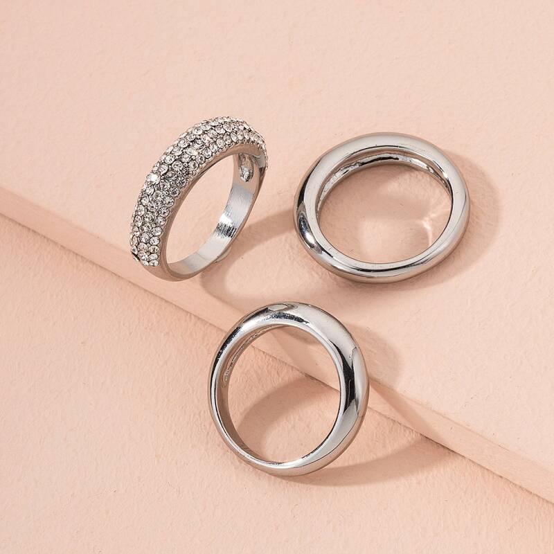 

3pcs Rhinestone Decor Round Ring, Silver