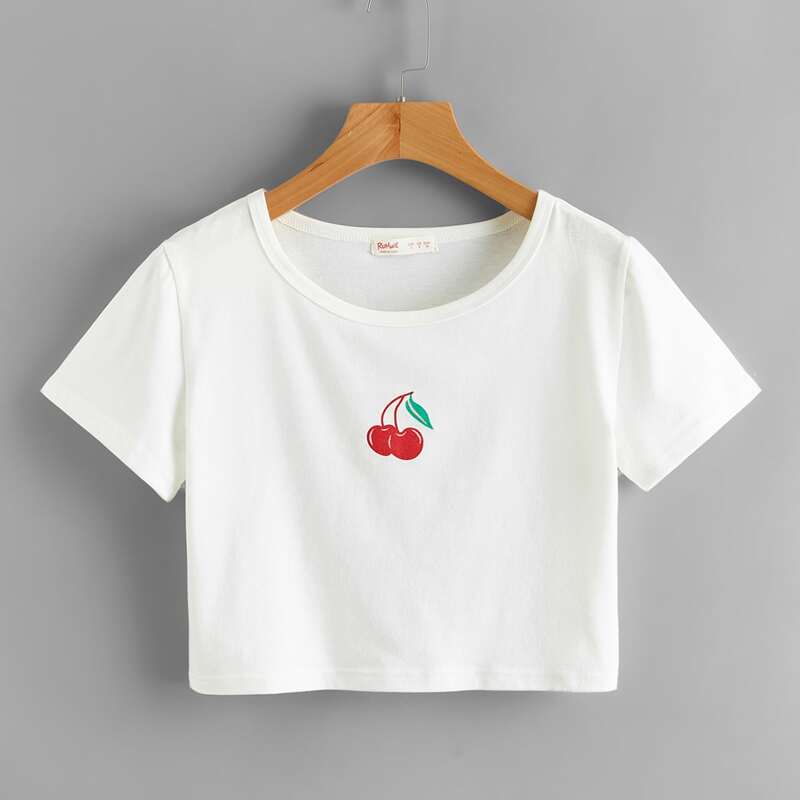 

Cherry Print Crop Tee, White