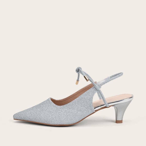 

Glitter Detail Mid Heeled Slingback Pumps, Silver