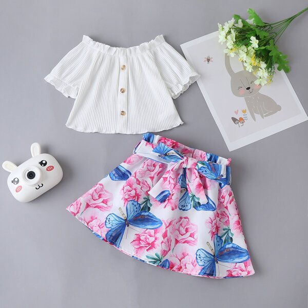 

Toddler Girls Frill Trim Button Front Ribbed Tee & Floral Belted Skirt, Multicolor