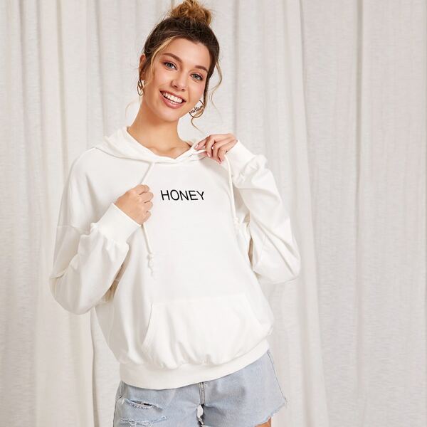 

Letter Graphic Pouch Pocket Drawstring Hoodie, White