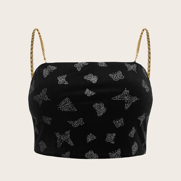 

Plus Chain Strap Butterfly Velvet Cami Top, Black