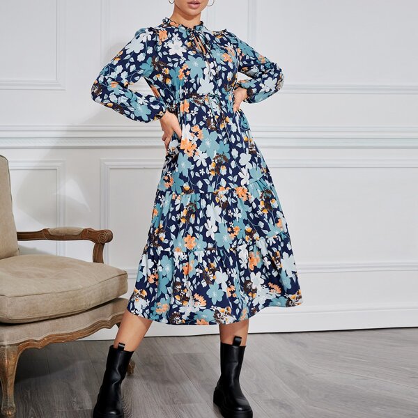 

Tie Neck Knot Waist Ruffle Hem Floral Dress, Multicolor