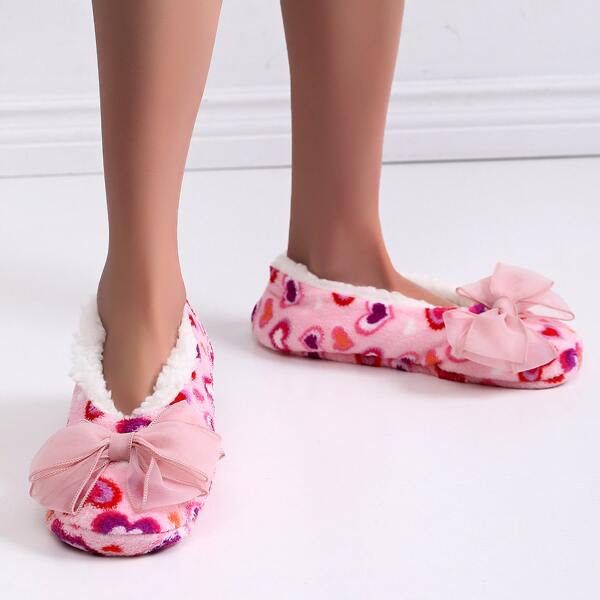 

Bow Decor Heart Pattern Bedroom Slippers, Pink