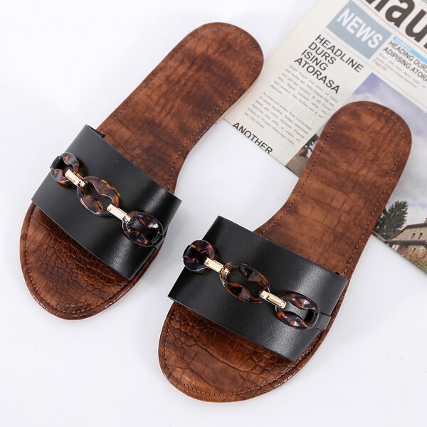 

Tortoiseshell Chain Decor Slide Sandals, Black