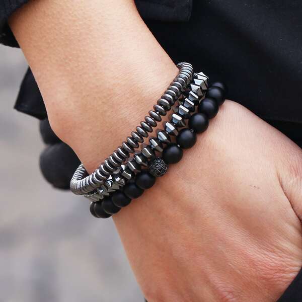 

3pcs Men Beaded Bracelet, Black