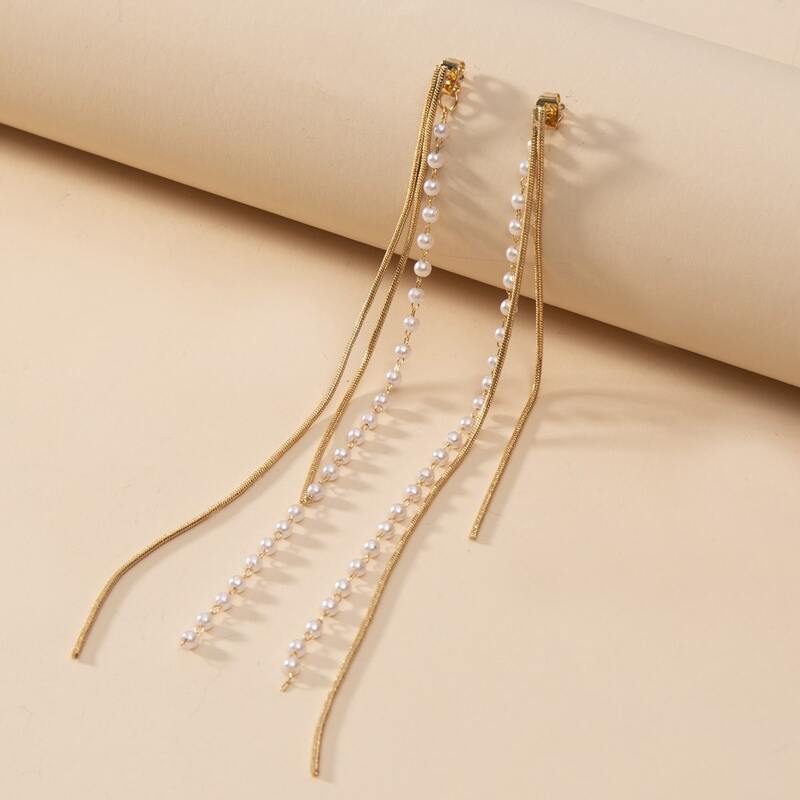 

Faux Pearl Decor Metal Tassel Earrings, Gold