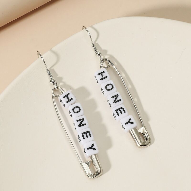 

Letter Bead Decor Drop Earrings, Silver