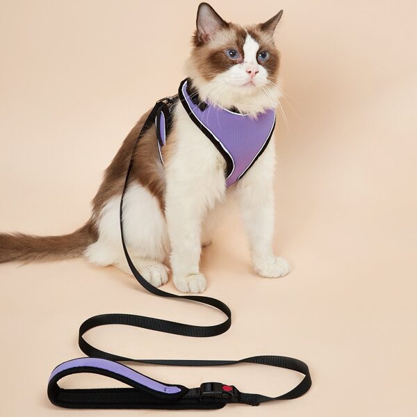 

1pc Contrast Binding Pet Harness & 1pc Pet Leash, Purple