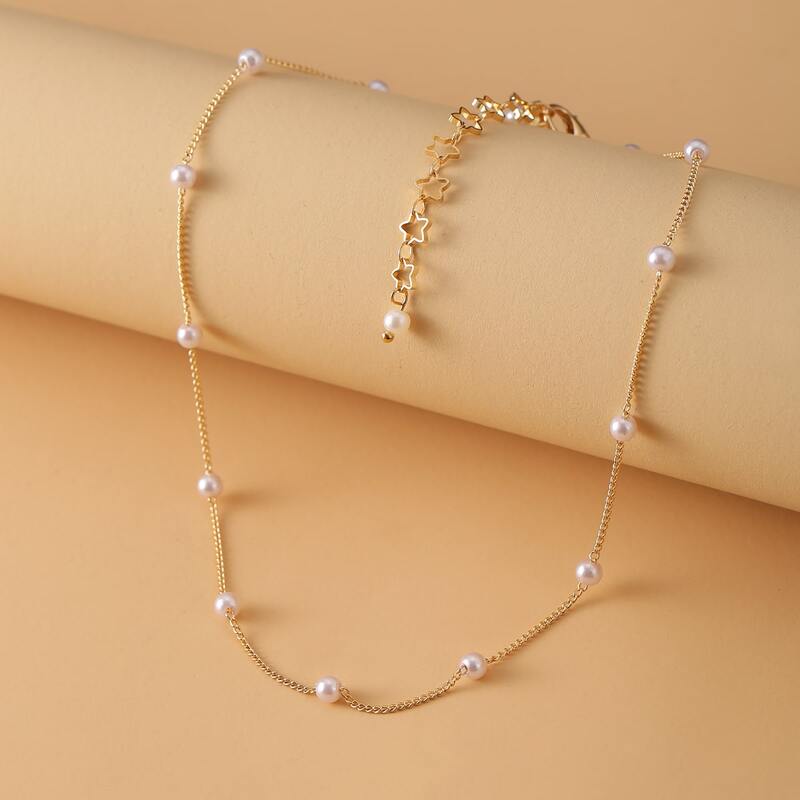 

Faux Pearl & Star Decor Necklace, Gold