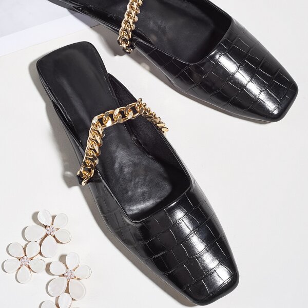 

Croc Embossed Chain Decor Flat Mules, Black
