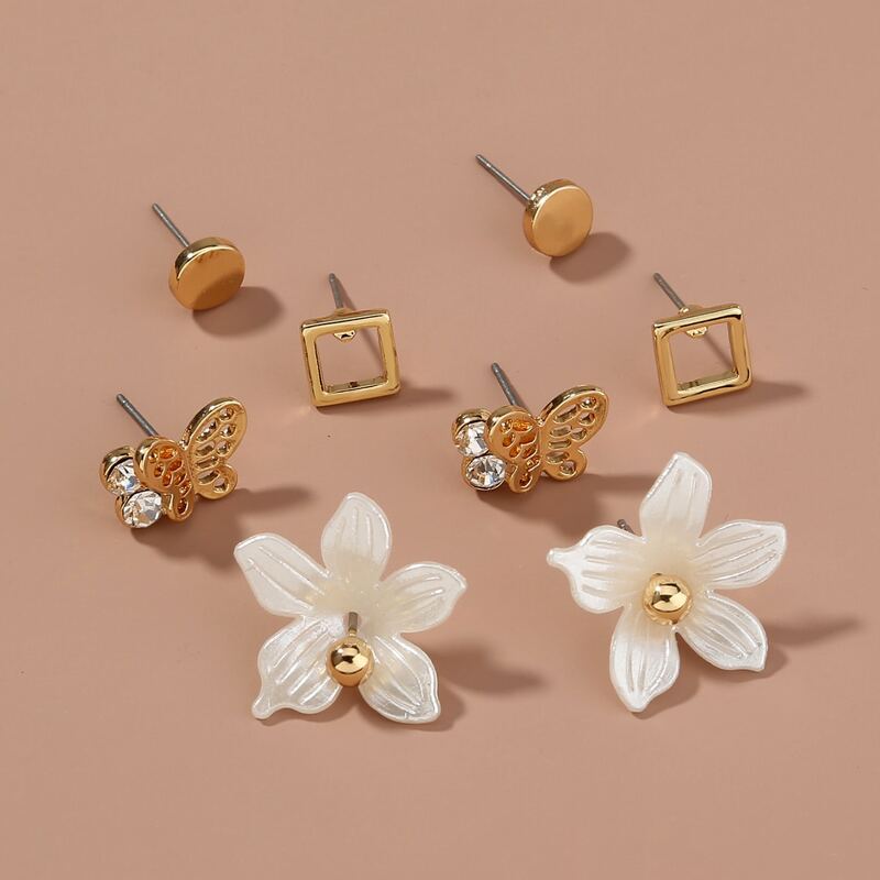 

4pairs Flower Design Stud Earrings, Gold