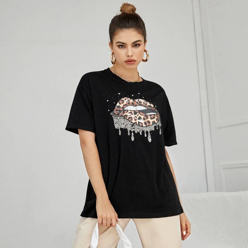 

Leopard Mouth Print Longline Tee, Black