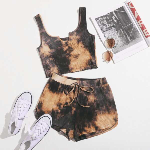 

Tie Dye Lettuce Trim Tank Top & Tie Waist Shorts Set, Multicolor