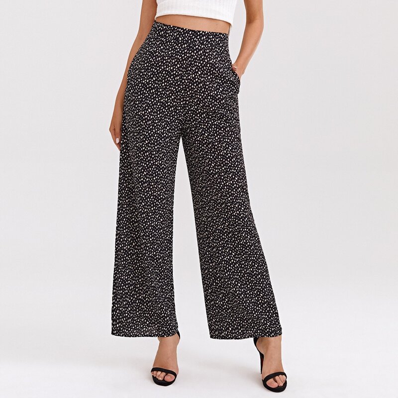 

High Waist All Over Print Wide Leg Pants, Black and white