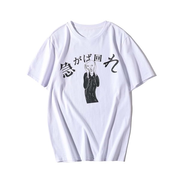 

Men Japanese Letter & Cartoon Graphic Tee, White