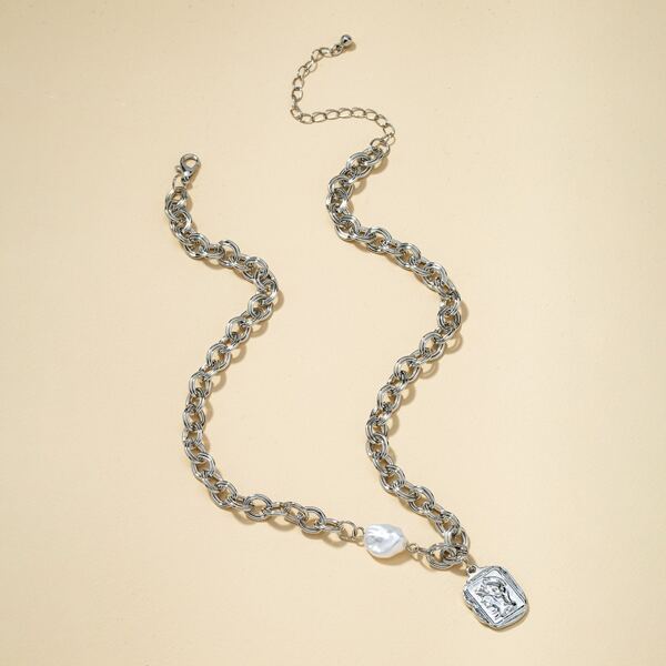

Faux Pearl Decor Geo Charm Necklace, Silver