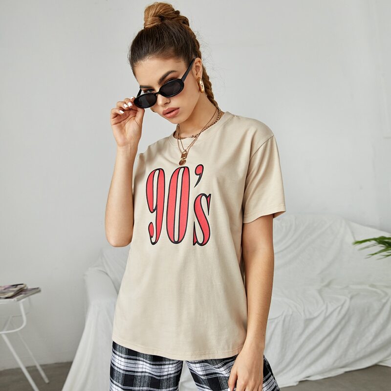 

Letter Graphic Round Neck Tee, Khaki