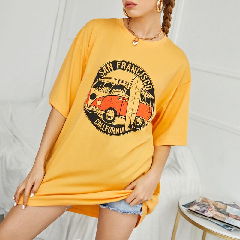 

Letter & Car Print Oversized Tee, Yellow