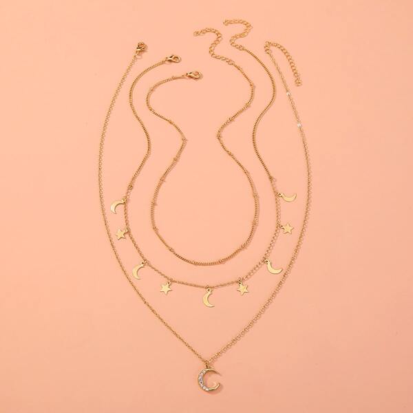 

3pcs Rhinestone Moon Charm Necklace, Gold