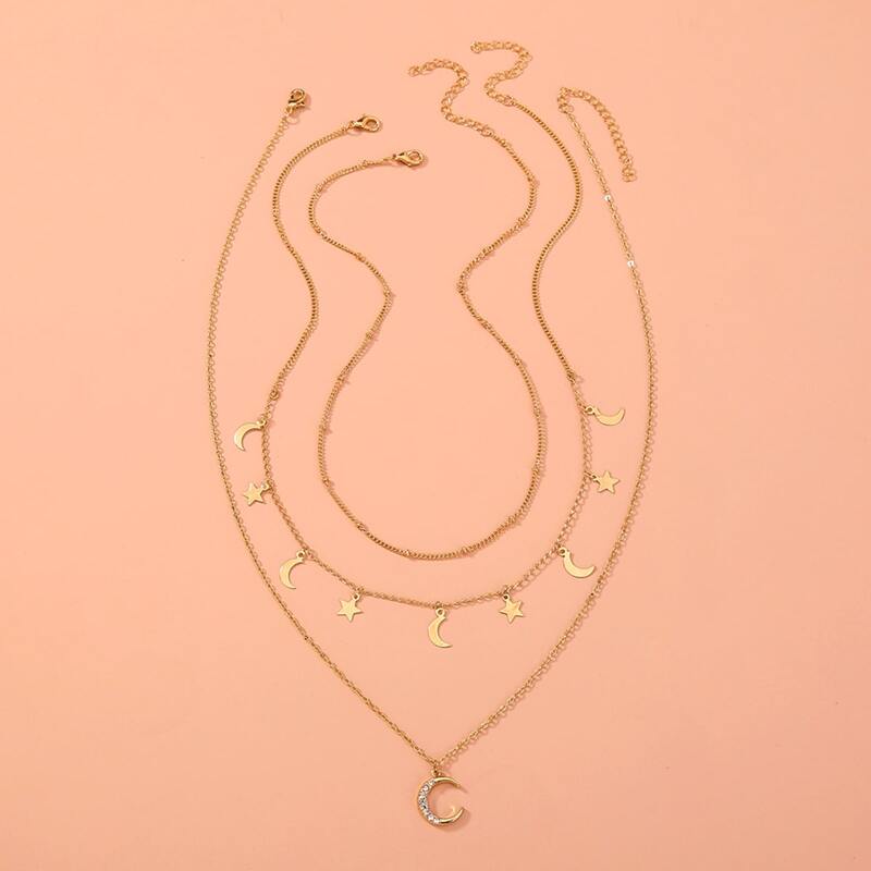 

3pcs Rhinestone Moon Charm Necklace, Gold