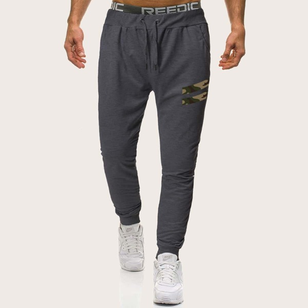 

Men Contrast Camo Print Drawstring Sweatpants, Dark grey