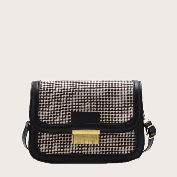 

Houndstooth Flap Crossbody Bag, Black