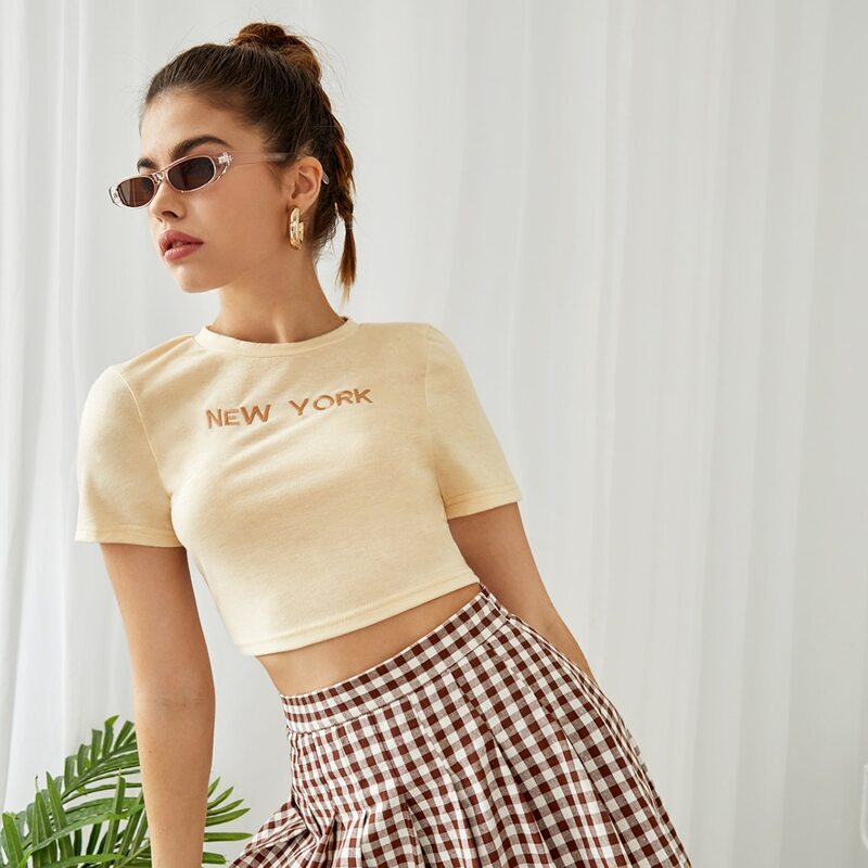 

Letter Embroidered Crop Tee, Apricot