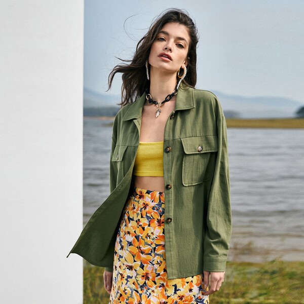 

Drop Shoulder Flap Pocket Button Front Jacket, Army green