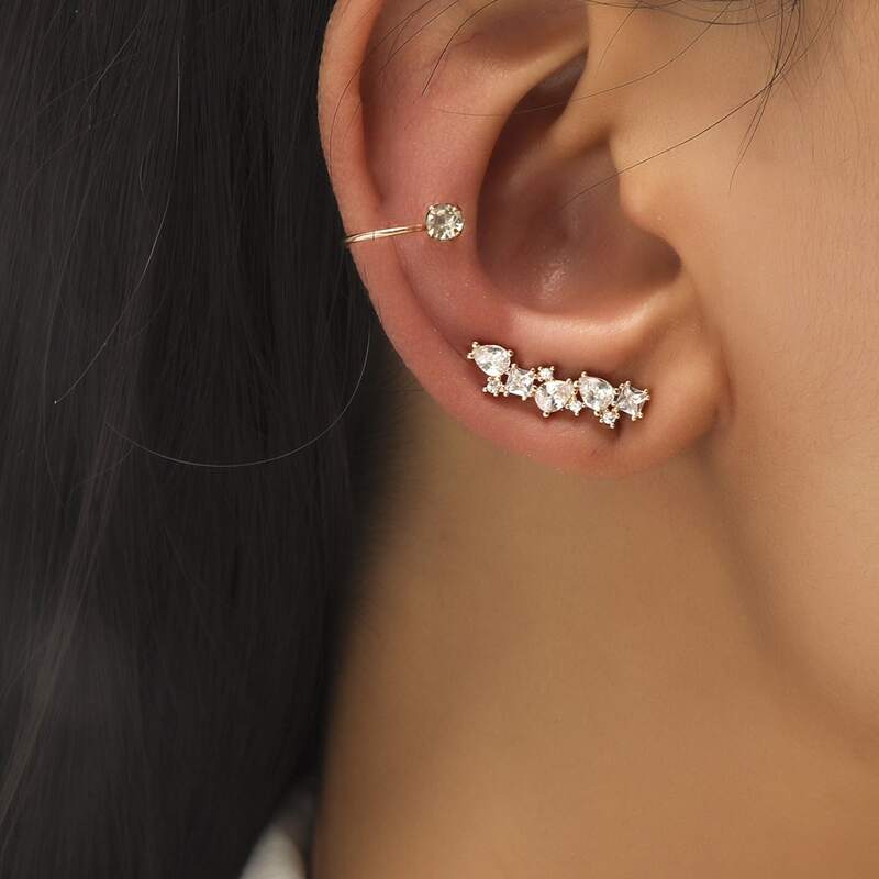 2pcs Rhinestone Decor Earrings, Gold