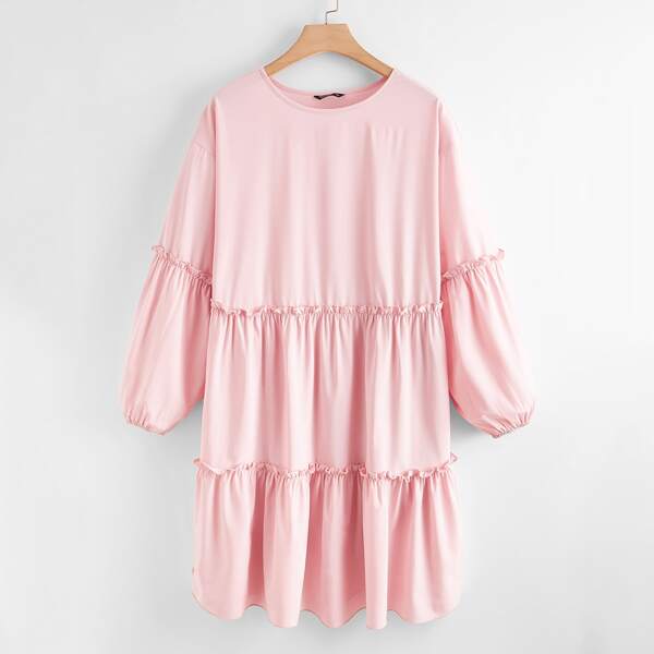 

Plus Frill Trim Bishop Sleeve Smock Dress, Baby pink