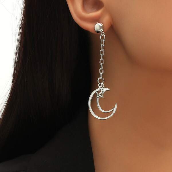 

Hollow Out Moon Drop Earrings, Antique silver