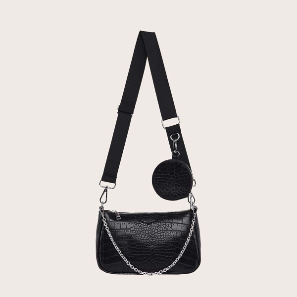 

Croc Embossed Baguette Bag With Coin Case, Black