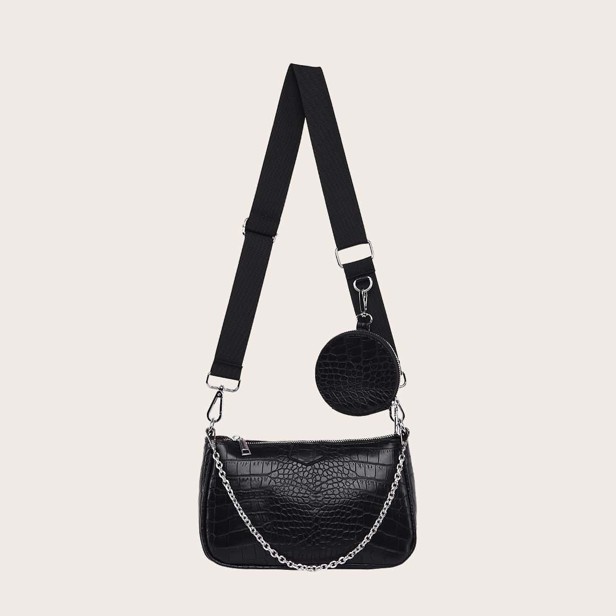 

Croc Embossed Baguette Bag With Coin Case, Black