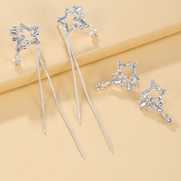 

2pairs Rhinestone Star Decor Long Strip Drop Earrings, Silver