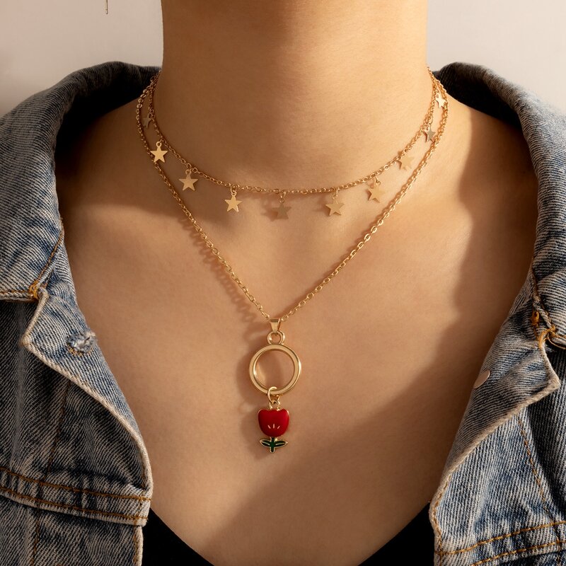 

Flower Charm Layered Necklace, Gold