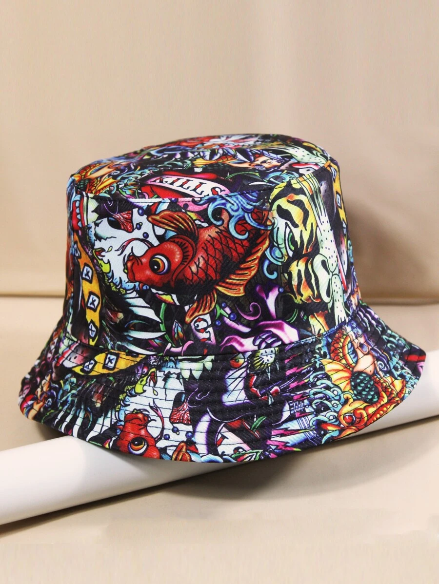 Men Cartoon Graphic Reversible Bucket Hat Street