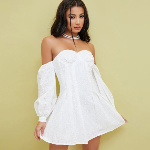 

Off Shoulder Schiffy Dress, White