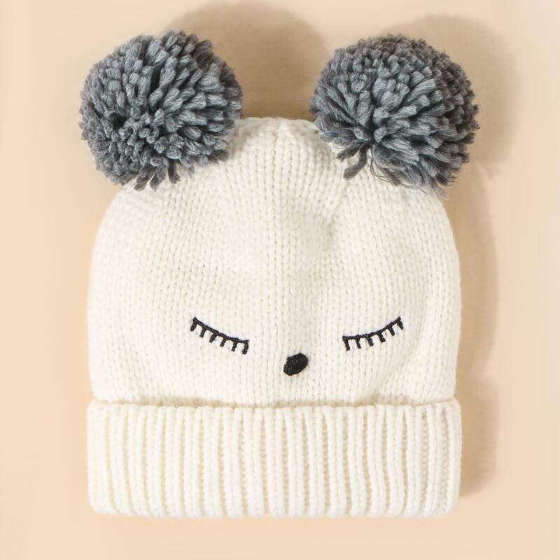 

Cartoon Pom Pom Knit Beanie, White
