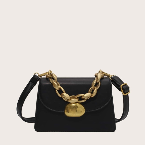 

Metal Decor Chain Satchel Bag, Black