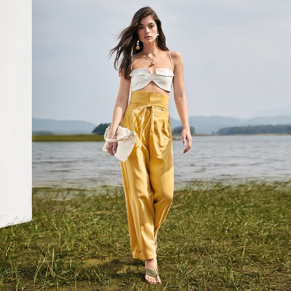 

High Waist Belted Pants, Yellow