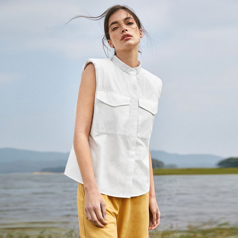 

Shoulder Pad Flap Pocket Blouse, White