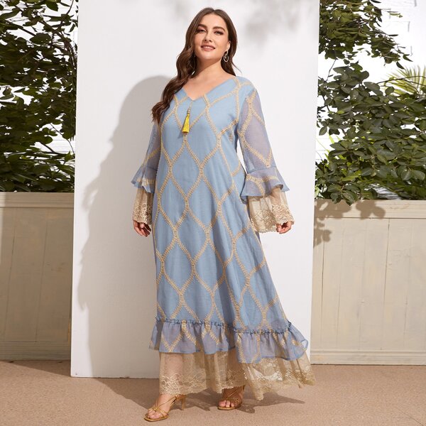

Plus Plants Embroidery Contrast Lace Flounce Sleeve Smock Dress, Baby blue