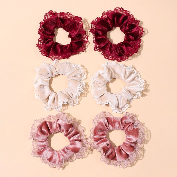 

6pcs Lace Trim Scrunchie, Multicolor