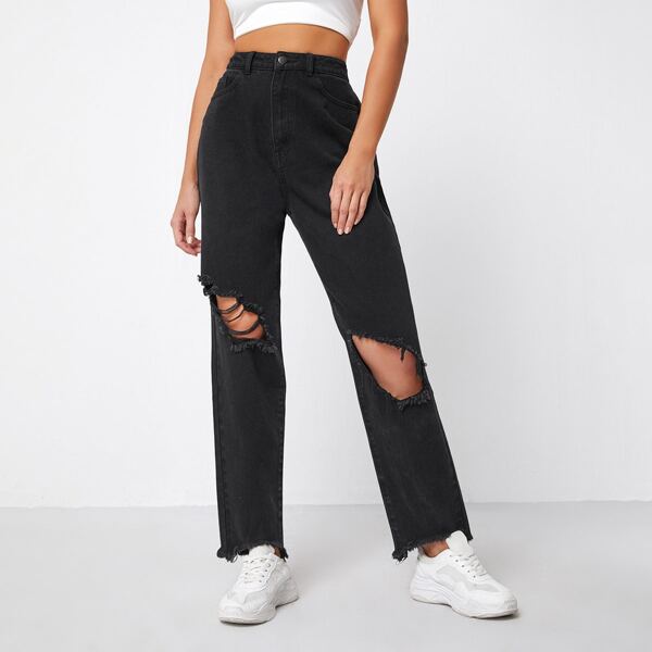 

High Waist Ripped Straight Leg Jeans, Black